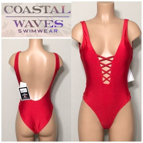 Coastal Waves red plunge swimsuit. Small. NWT - Picture 1 of 6